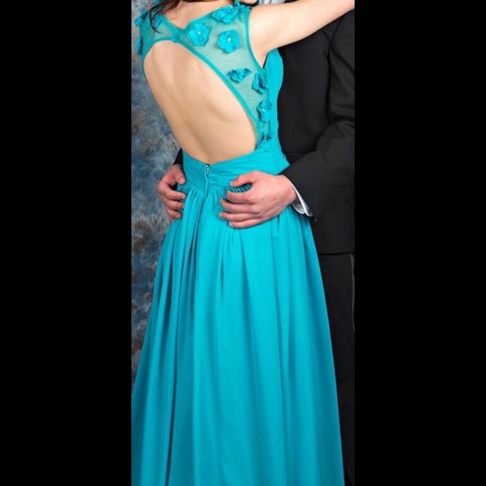 Open Back Blue Flower Detail Prom Dress